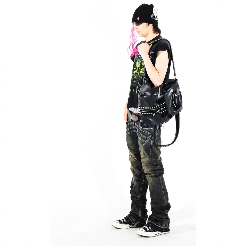 2026 Unisex Motorcycle Bag Punk Style Rivet Adjustable Black Fashion Trendy Backpack Bucket Bag
