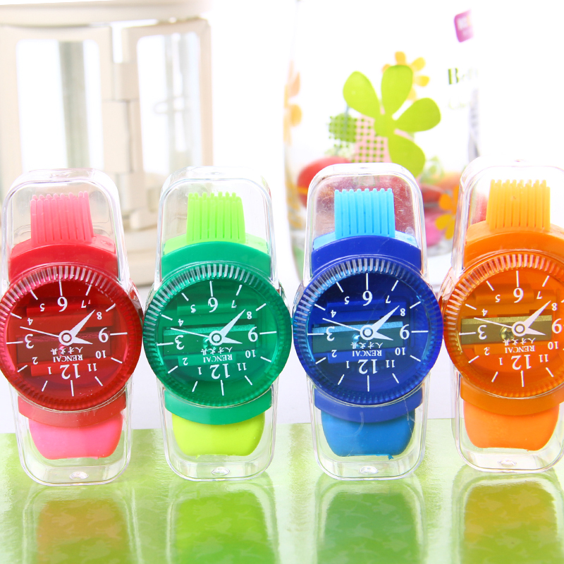 Watch two - hole pen knife Creative stationery children's multi - functional pencil cartoon cute with rubber pencil