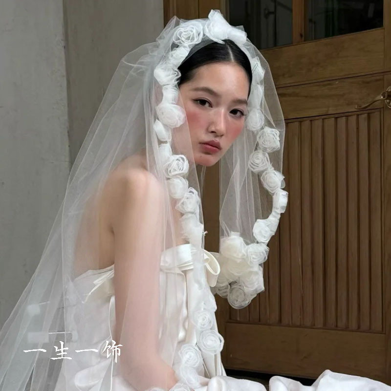 Flower Veil, Bride's Main Wedding Dress, Wedding Dress, Photography Styling Props, French Lace, White Super Fairy Head Accessories Flower Veil, Bride's Main Wedding Dress, Wedding Dress, Photography Styling Props, French Lace, White Super Fairy Head Accessories
