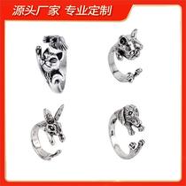Retro zodiac animal Year of the Dog Shar-Pei puppy single dog head trendy male and female silver couple ring