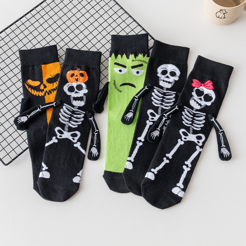 Halloween Skeleton Socks for Women, Mid-Calf Socks, Magnetic Couple Socks, Quirky and Trendy Socks, Cotton Socks, Geometric Men's Socks, Holding Hands Socks