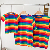 Online Red Kiss a family of three-four-mouth summer dress t-shirt girl rainbow striped short sleeve mother-daughter dress foreign air