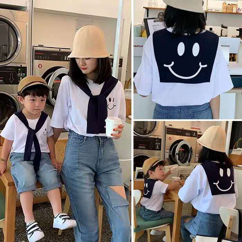 Navy style parent-child summer dress T-shirt a family of three short-sleeved boys and girls shawl top mother-child mother-daughter dress Western style