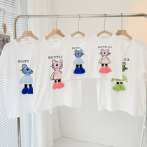 Fried Street Kiss a family of three summer clothing short sleeve male and female child tiger Cubic leg cartoon t-shirt female dress foreign air