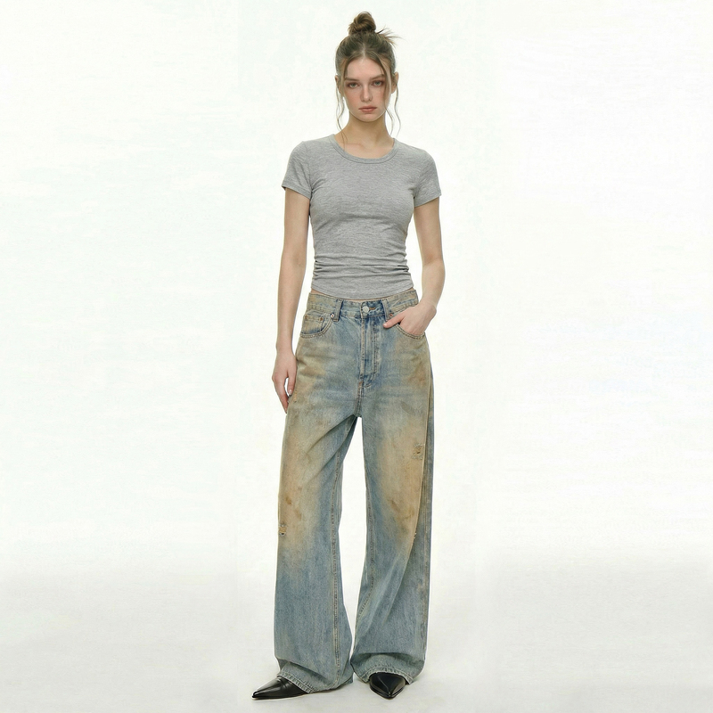 Accy Vintage Washed Distressed Leather Pocket Patchwork Studded Denim Jeans for Women, Loose Wide-Leg Dirty Style Couple Pants