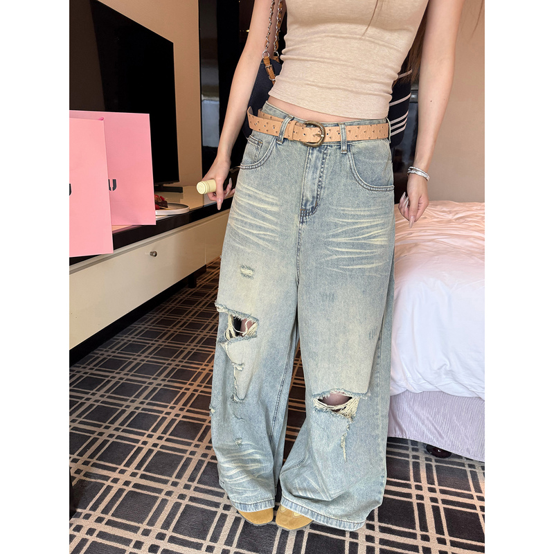 Itookgiii丨Cool Style Retro Washed Ripped Jeans for Women, Summer Wide-Leg Drapey Floor-Length Pants