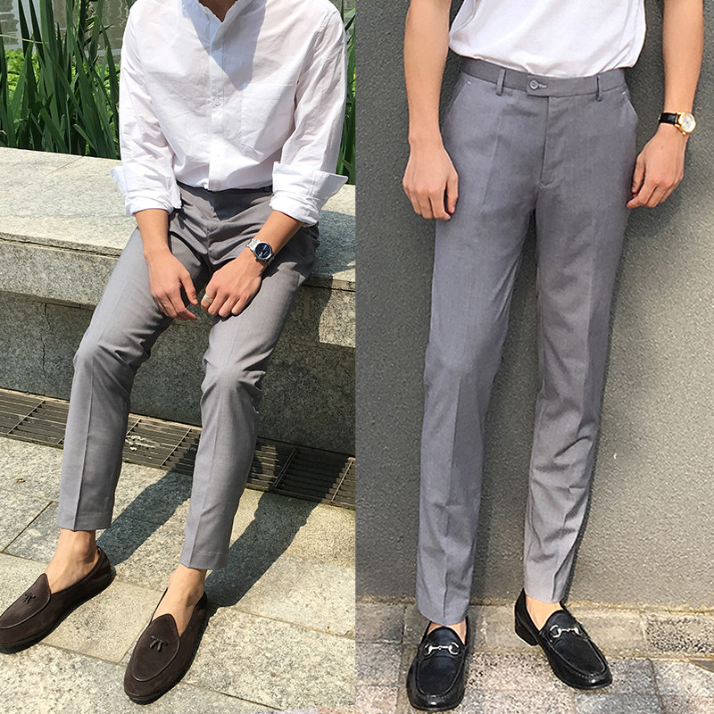 夏季欧美男士修身小脚纯高级灰西裤 英伦长裤免烫立体剪裁九分
