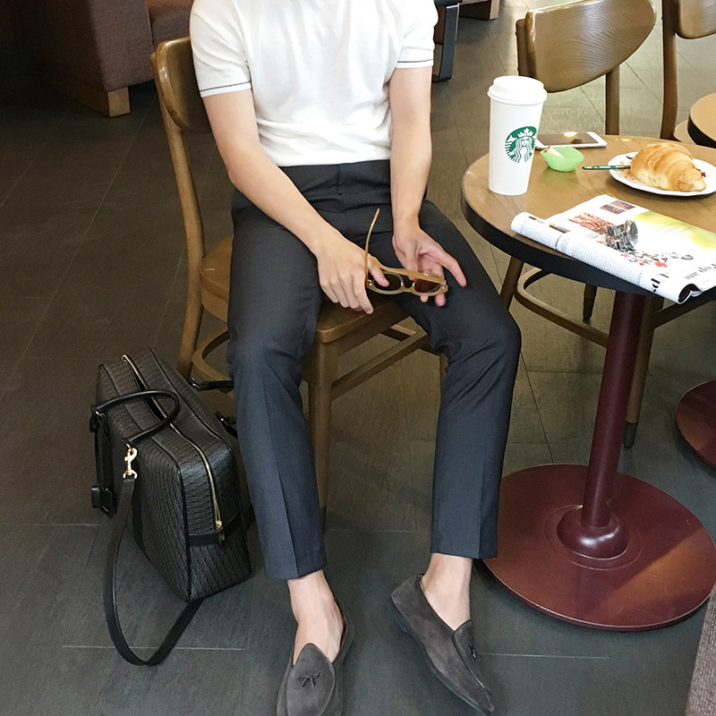 春夏韩版士男士修身小脚纯色西裤灰色 英伦长裤免烫立体剪裁九分
