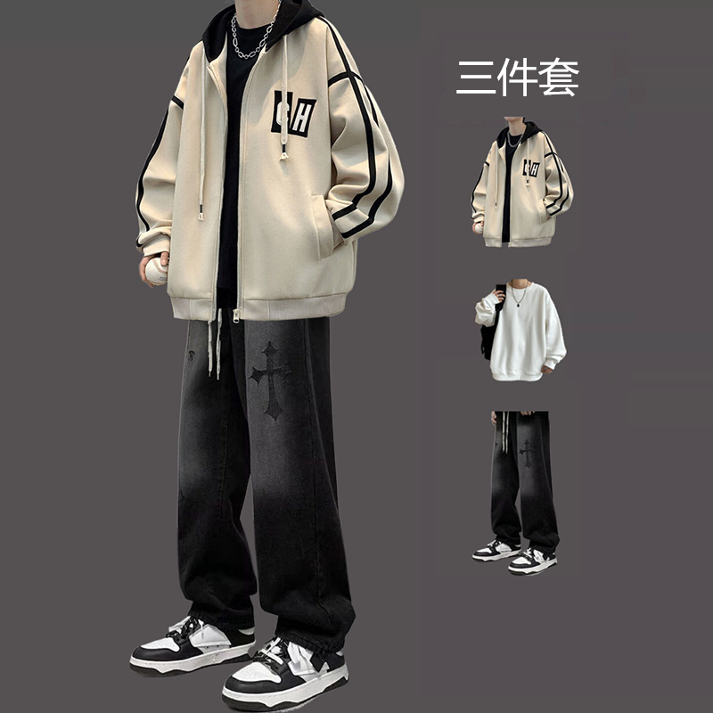 Autumn and Winter Baseball Jacket Men's Casual Suit Hong Kong Style Trendy Brand Jacket Youth Student Outfit Complete Set Autumn and Winter Baseball Jacket Men's Casual Suit Hong Kong Style Trendy Brand Jacket Youth Student Outfit Complete Set