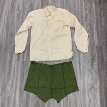 80s 65 coarse cloth white shirt with white top and green bottom 78 long-sleeved shirt mens summer green Bayi short large pants