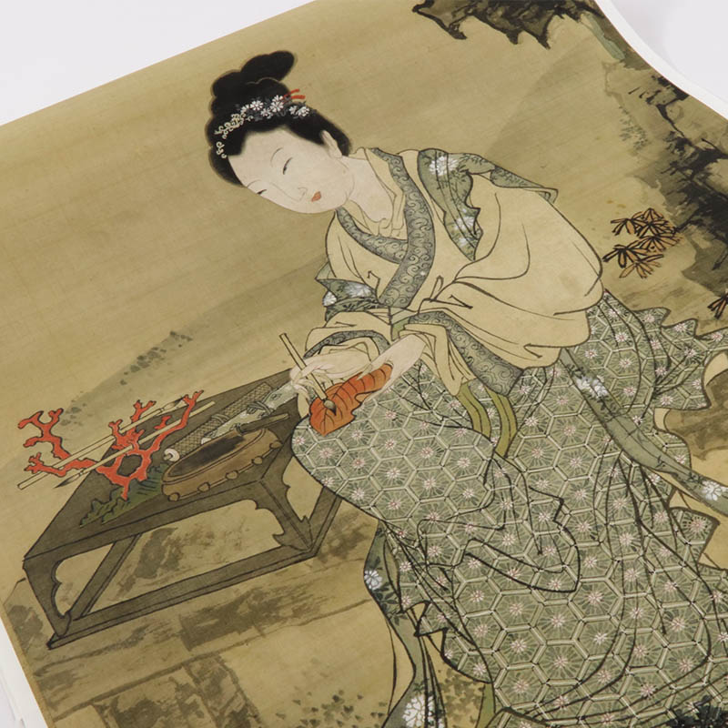 中国古美術・仕女人物四条屏画芯・唐寅印款・水墨彩色画・純手描き・文房置物・宣紙・ 中国古美術・仕女人物四条屏画芯・唐寅印款・水墨彩色画・純
