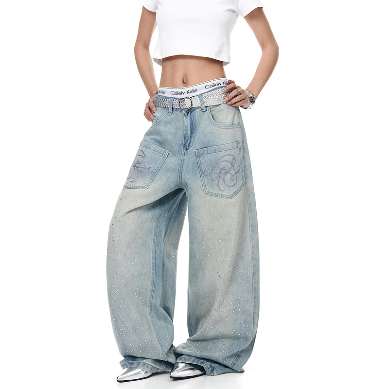 Blacklists American Retro Star-Studded Rhinestone Straight-Leg Jeans for Men and Women with Reverse Pocket Design Wide-Leg Pants