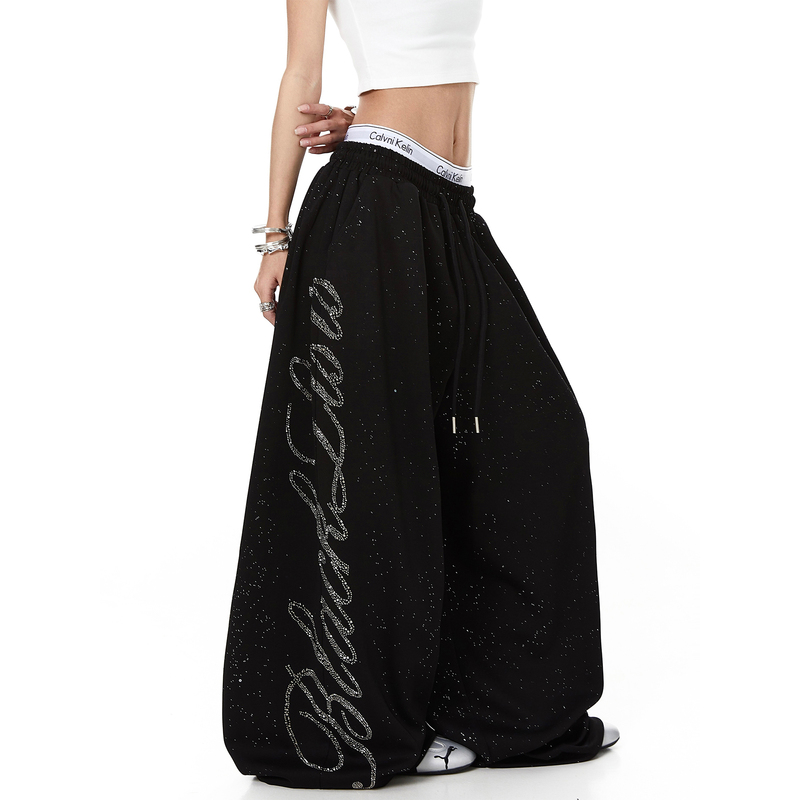 Blacklists American-Style Starry Letter Rhinestone Design Curved Knife Sweatpants Unisex Dance Loose Wide-Leg Pants