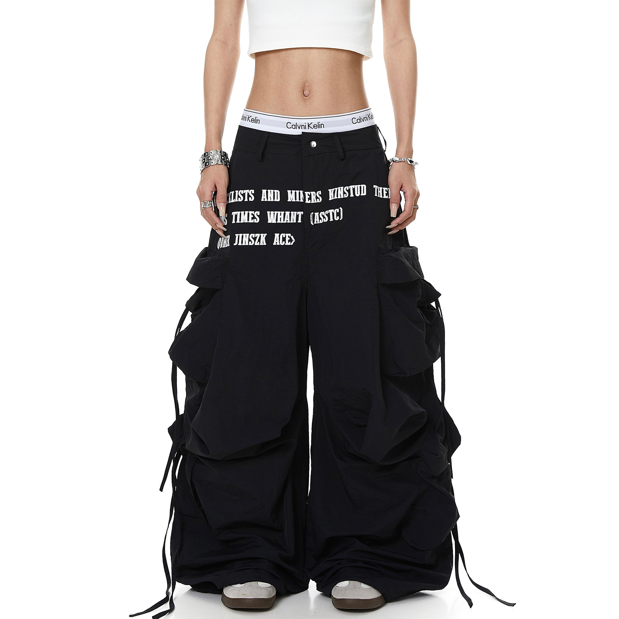 BLACKLISTS American-style drawstring multi-pocket pleated letter paratrooper cargo pants for men and women, street dance trendy wide-leg pants