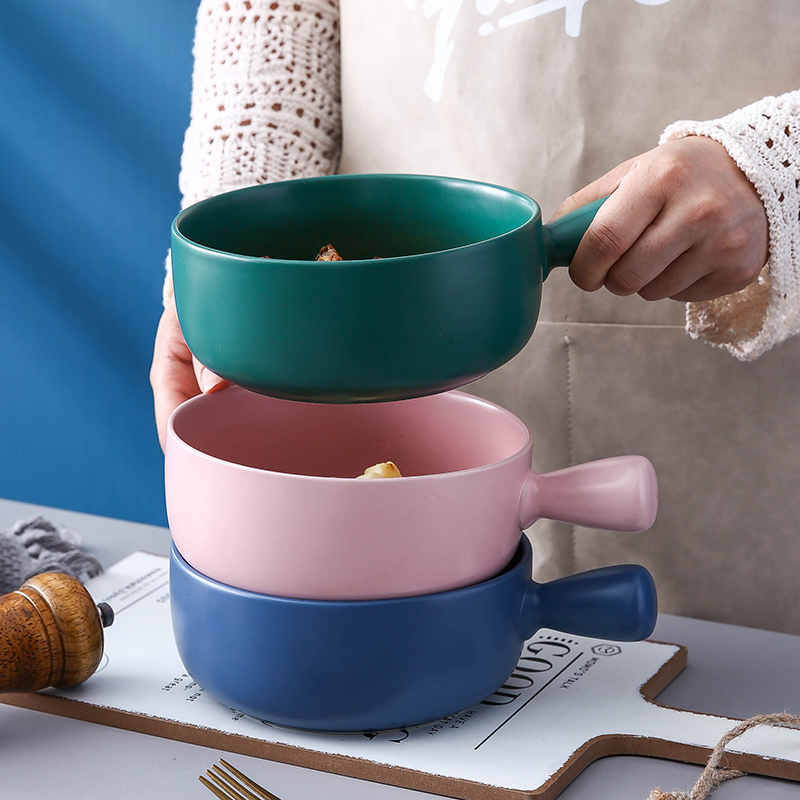 Creative Ceramic Handle Bowls Eurostyle Home Fruit Salad Bowl heat-resistant baking Baking Rice Bowl SINGLE SOUP NOODLE BOWL