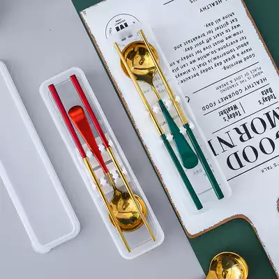 Portable student one-person food chopsticks spoon set Stainless steel fork tableware office worker three-piece set with storage box