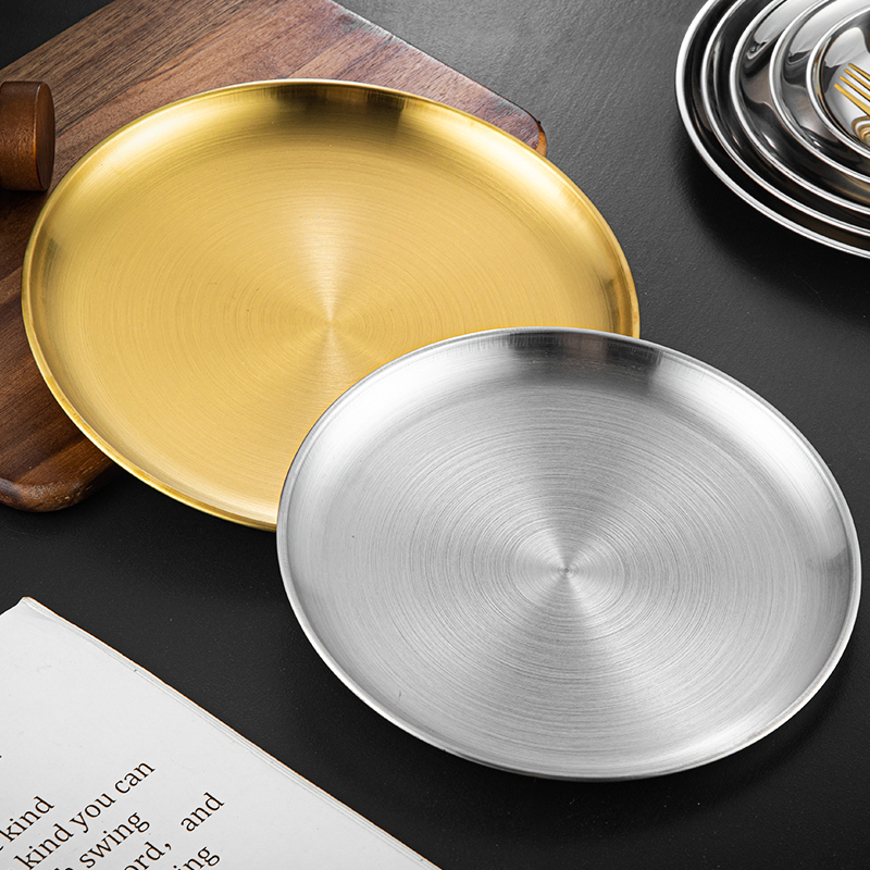 Korean-Style Stainless Steel Gold Round Plate, Thickened Tray, Fruit Plate, Cake Plate, Commercial Bone Dish, Barbecue Plate, Shallow Plate