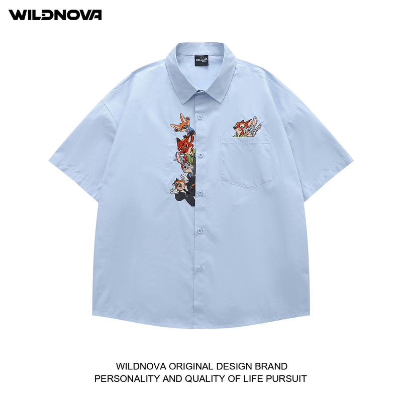 Wildnova American Retro Fun Cartoon Zootopia Embroidered Shirt for Men and Women Casual Shirts for Couples