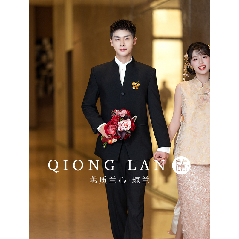 Qiong Lan High-End New Chinese-Style V-Neck Engagement Suit for Men, 2026 New Model Groom's Wedding Attire for Marriage Registration