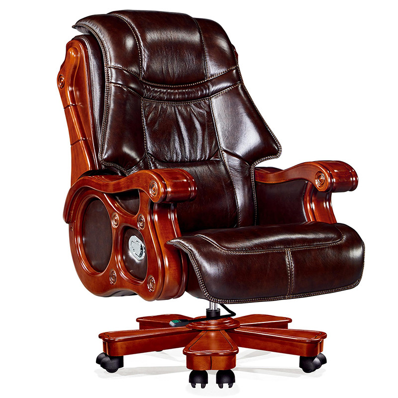 Luxury boss chair household reclining high-end leather executive chair Chinese-style solid wood office leather business swivel chair