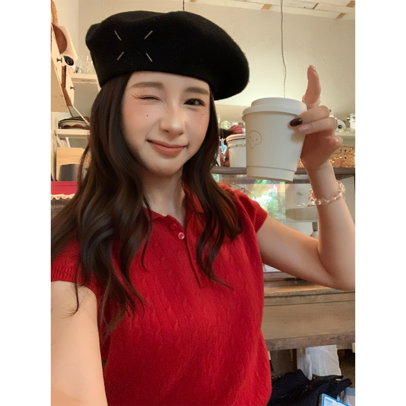 Yueen Oni Retro Polo Collar Cable Knit T-Shirt Sweater Red Versatile Pullover Short-Sleeve Knit Top Autumn