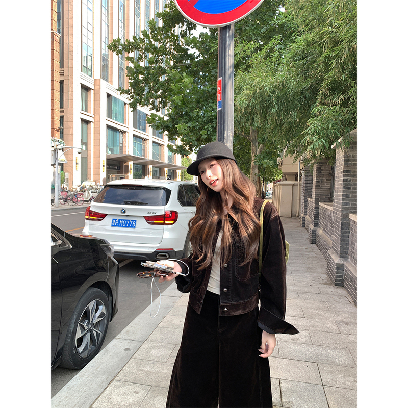 Melard Corduroy Short Jacket Retro Lapel Jacket Straight Wide-Leg Cropped Casual Pants Denim Suit for Women