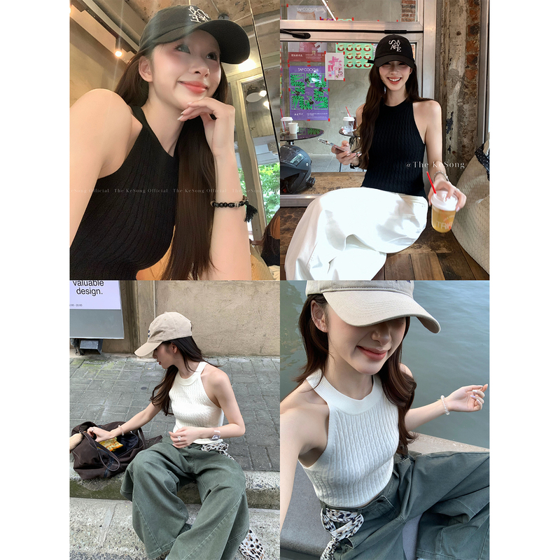 [8.10 at 7Pm] Halter Neck Twist-Knit Sleeveless Top with a Unique Design, New Style Tank Top