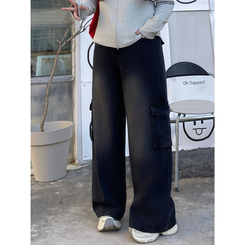 Floral Print Plus-Size Women's Wide-Leg Floor-Length Dark Loose-Fitting Jeans American Workwear Spring and Summer New Pants 14252C