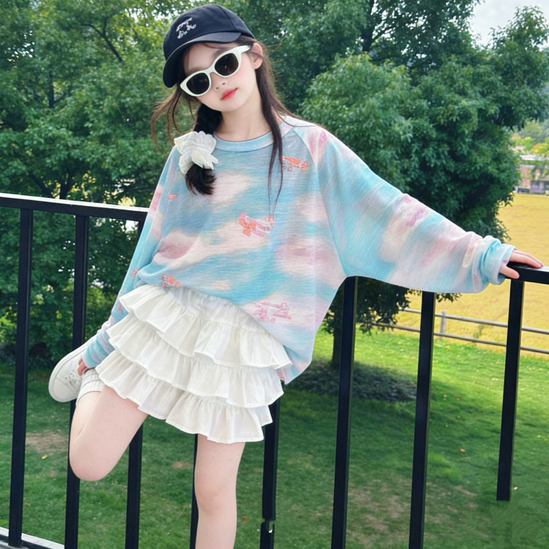 Girls' 2026 Summer Lazy Style Long-Sleeved Gradient Color Thin Cake Skirt Sun Protection Cover-Up Loose Round Neck Top Trendy Girls' 2026 Summer Lazy Style Long-Sleeved Gradient Color Thin Cake Skirt Sun Protection Cover-Up Loose Round Neck Top Trendy