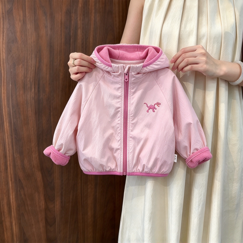 Boys and Girls Autumn and Winter Cartoon Embroidered Zipper Hooded Jacket Children's Fleece-Lined Thickened Outerwear Jacket