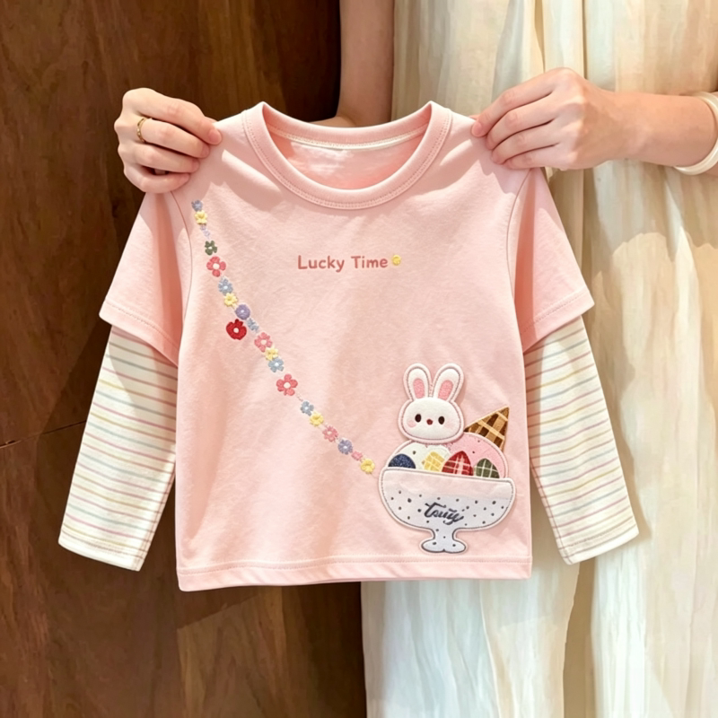 Girls' Striped Cartoon Rabbit Fake Two-Piece T-Shirt 2026 Autumn Long Sleeve Children's Cute Printed T-Shirt Sweet Top
