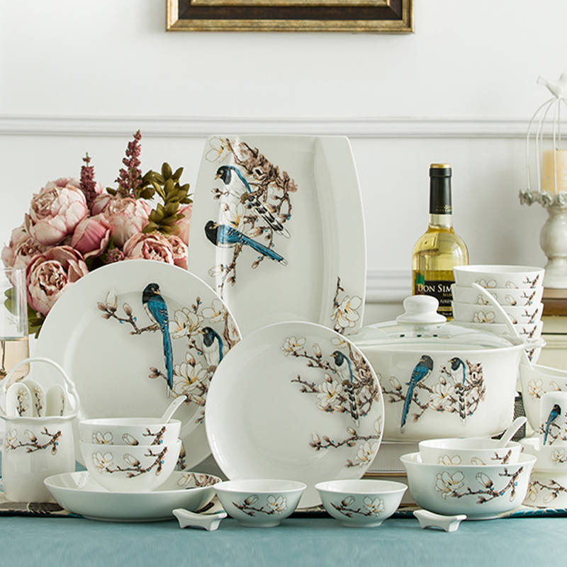 Dish suit Home Chinese style Jingdezhen Ceramic cutlery high-end combined European Bone Porcelain Bowl tray Bowl Chopstick Suit