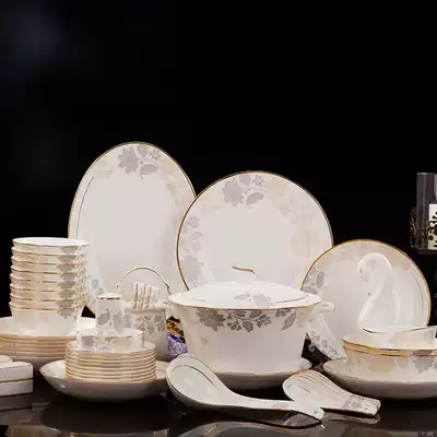 Jingdezhen 60 head phnom penh tableware set bowls and plates Household high-end European-style bone China tableware set bowls and dishes combination