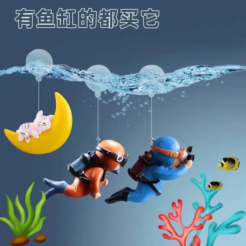 Fish Tank Landscaping Decoration Floating Witch Figurine Set Aquarium Floating Fairy Set Moon Cat Diver