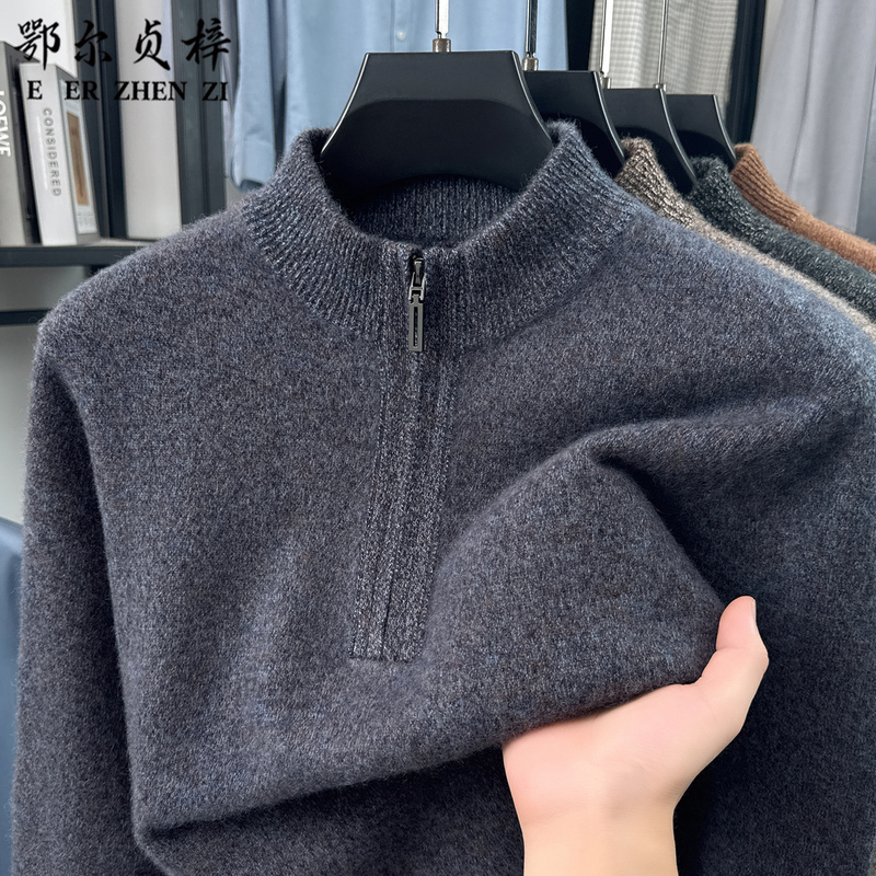 Ezhenzi Genuine 100% Pure Cashmere Men's Half-Zip Collar Thickened Middle-Aged Knitted Base Layer Wool Sweater