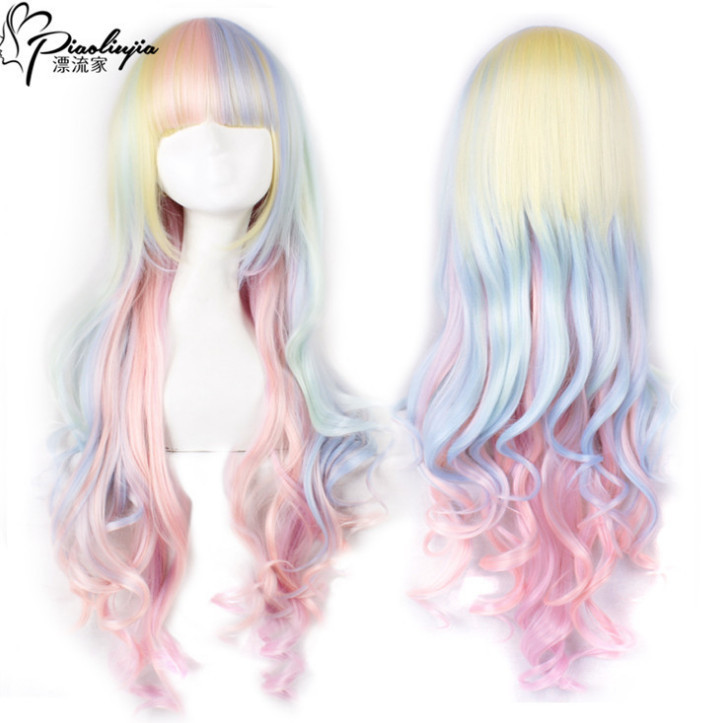 Free Shipping Women's Wig Long Curly Hair Japanese Harajuku Gradient Rainbow Ice Cream Lolita Princess