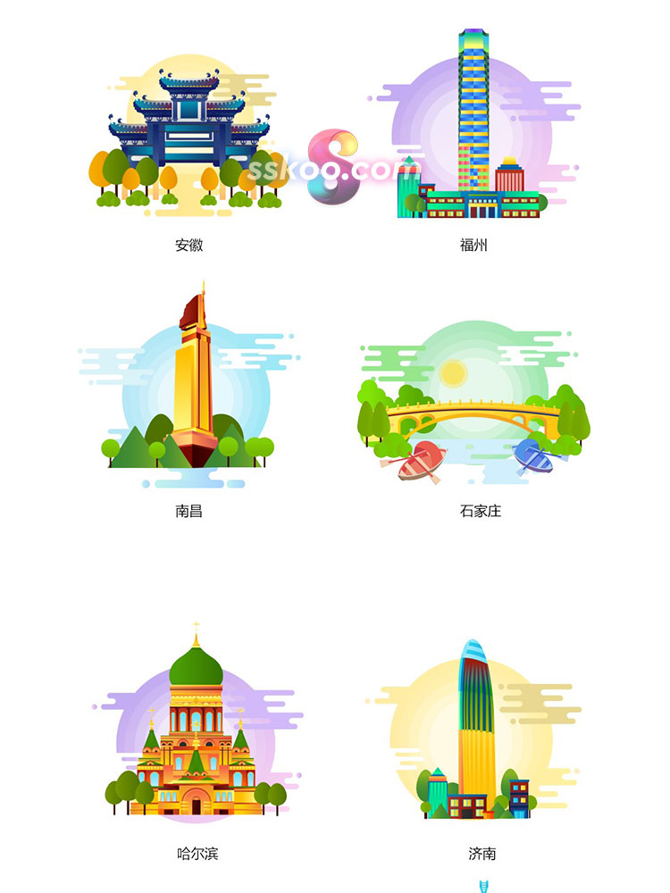 天安门北京上海广州深圳重庆杭州地标建筑扁平插画AI矢量设计素材插图4
