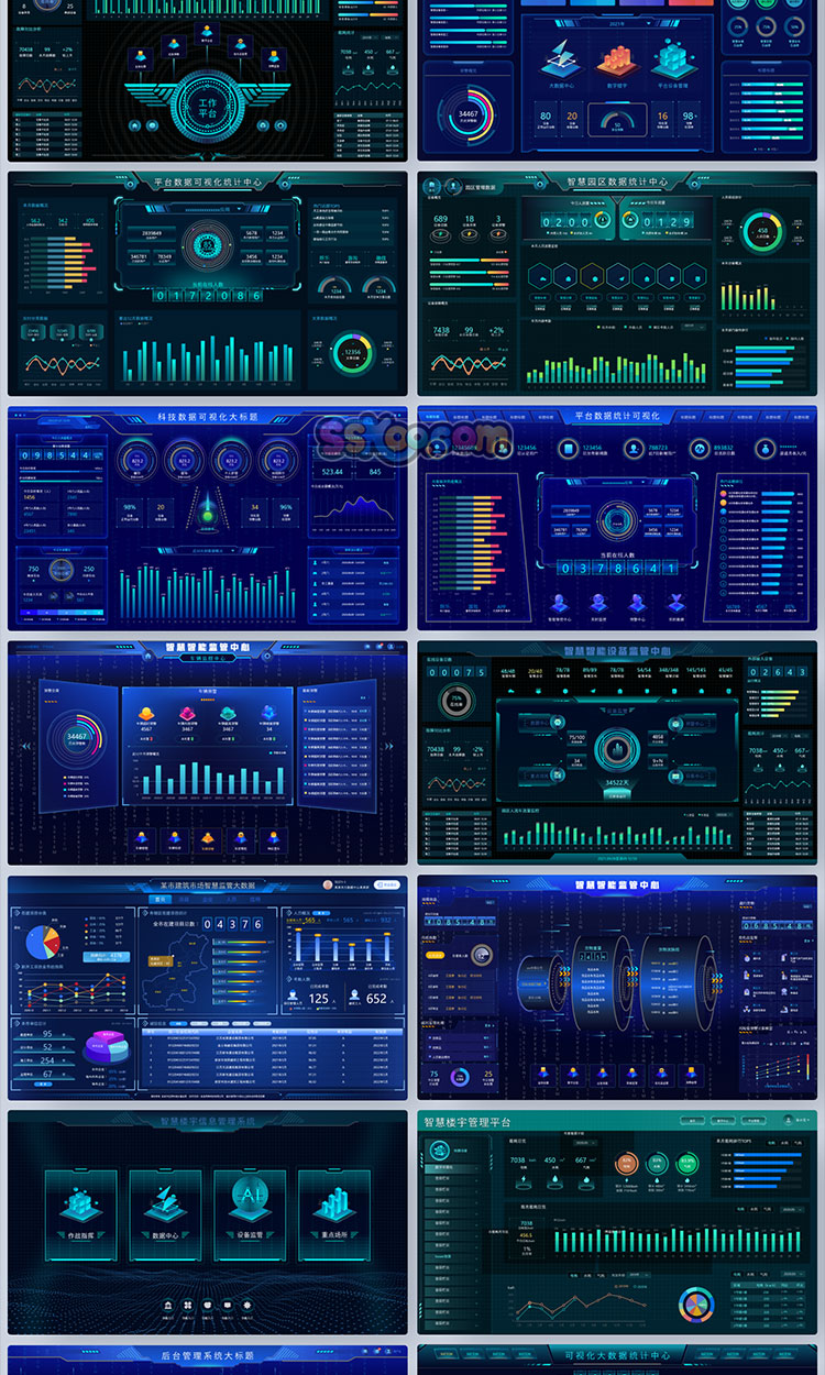 中文大屏首页可视化大数据HUD暗黑UI界面后台管理系统XD素材模板插图2
