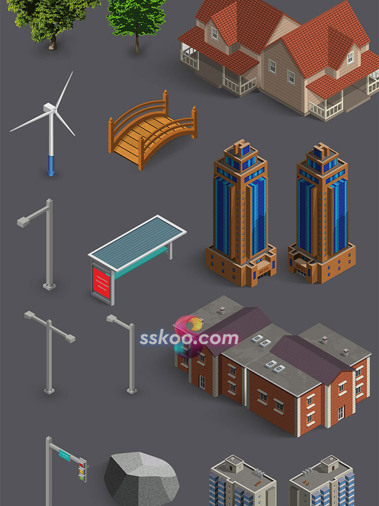 2.5D等距建筑公路人物树木动物定位场景3D立体插画PSD设计PS素材插图14