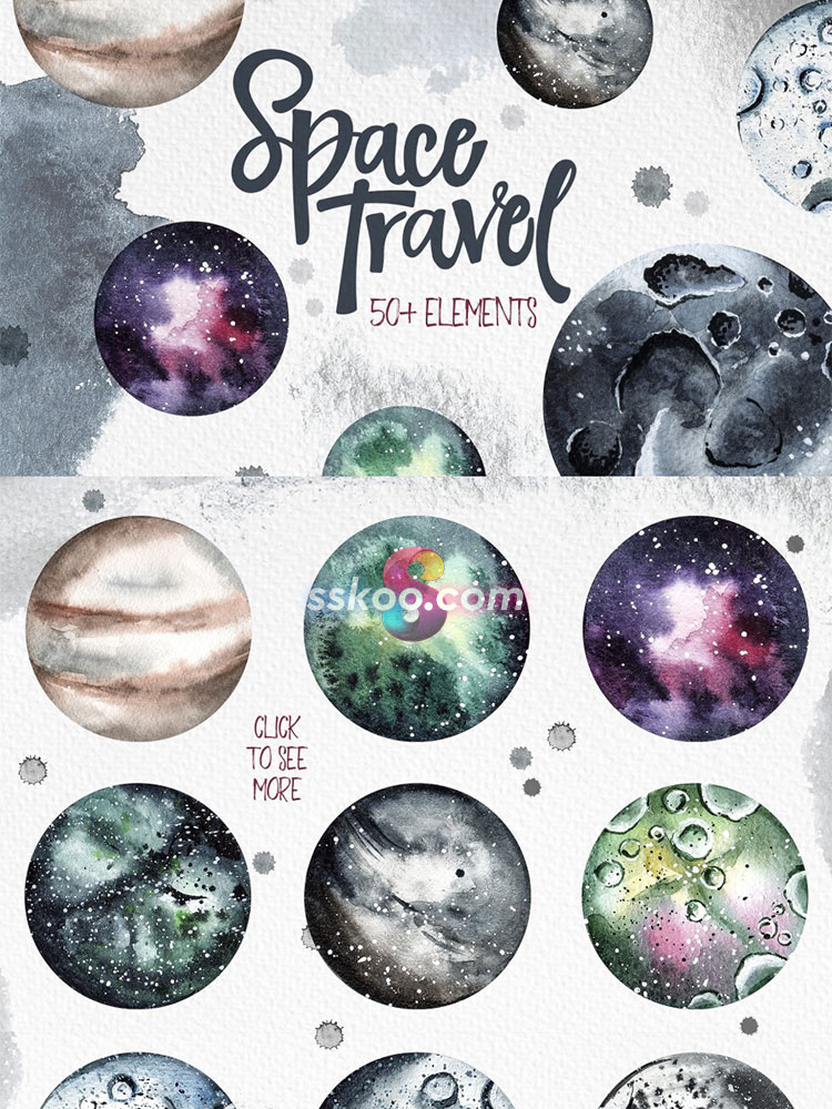 月亮月球星球太空涂鸦纹理手绘水彩剪贴插画插图PNG免扣设计素材插图2