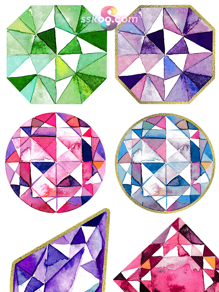 水晶宝石钻石手绘水彩剪贴插画PNG免扣AI矢量背景透明PSD设计素材插图14