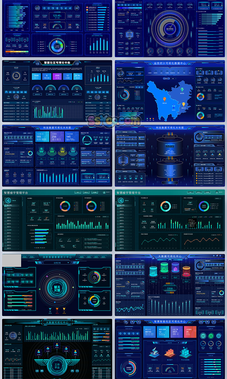 中文智慧城市大屏信息数据图表大数据可视化UI界面Sketch素材模板插图2