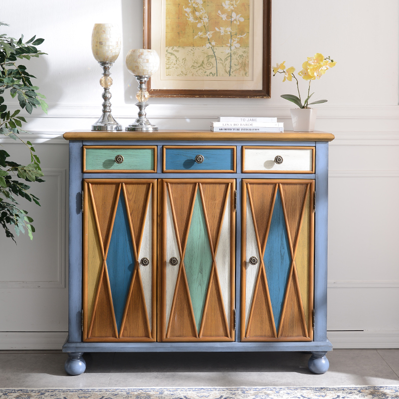 American Countryside Solid Wood Shoes Cabinet Retro painted three doors into the door Home Door Hall Xuanguan Cabinet Lockers Xuanguan Cabinet-Taobao