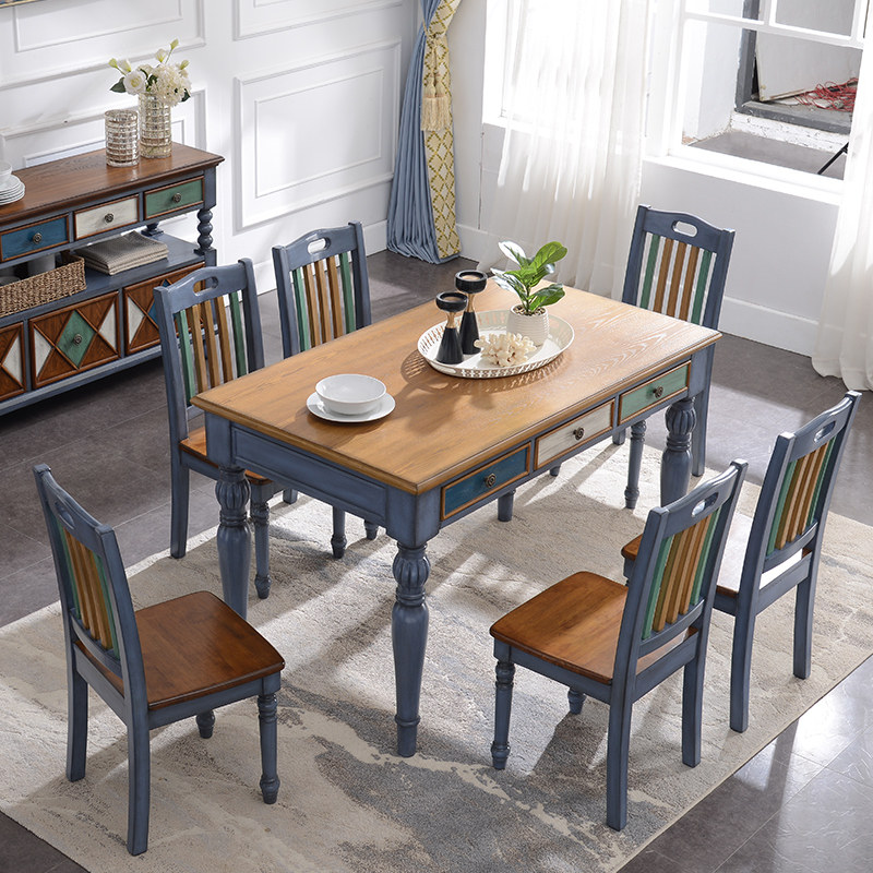 Mediterranean solid wood dining table rectangle small apartment type American retro family dining table American dining table dining chair combination
