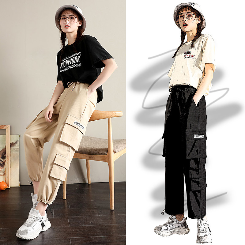 Card with its artificial pants female bunches 90% small children 2022 new spring and autumn casual pants drawing rope autumn and winter plus suede
