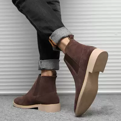 Chelsea boots men's new fashion medium short boots winter plus velvet men's boots high trend leather Martin boots