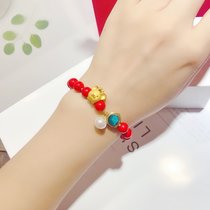 Full gold 999 pure gold zodiac Crown mouse pendant 3d hard gold female gold bracelet transfer beads cinnabar string