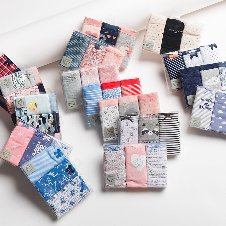 Two Boxes of  Spanish O Brand Pure Cotton Low-Rise Briefs with Cartoon Print, Underwear, 3/Piece, Boxed for Women