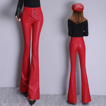 2020 autumn and winter New Korean version wear high waist leather flared pants slim slim plus Velvet micro horn leather pants women