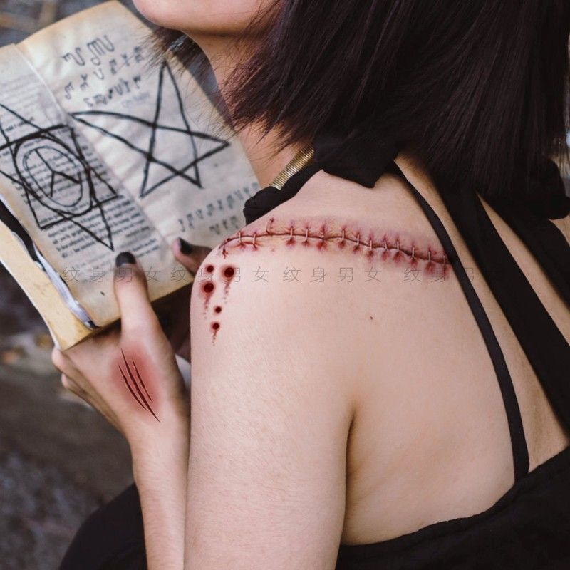 Halloween Tattoo Stickers Waterproof for Women Long-Lasting Horror Surgical Scar Stitch Simulation Prank Fake Injury Wound Scratch